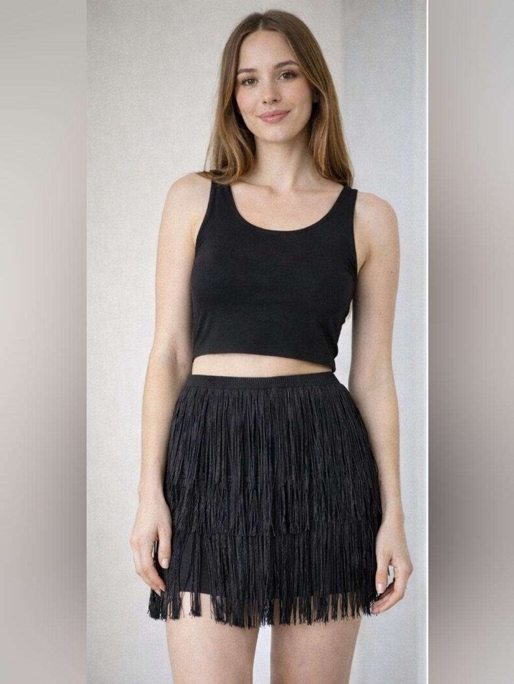 Black Fringe Mini Skirt Size 6 High Waist Party Statement Skirt - Picture 2 of 5
